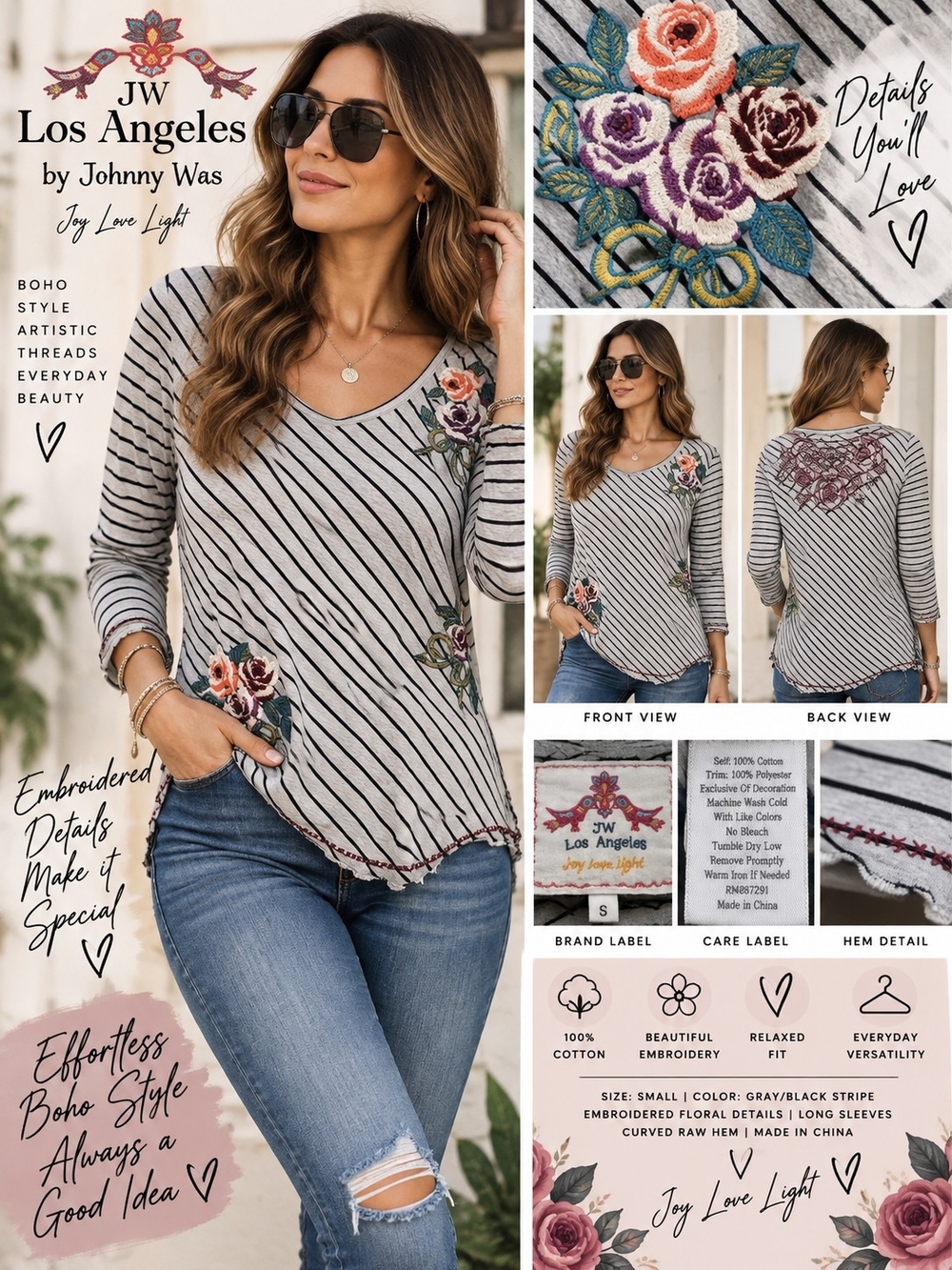 Johnny Was JW Los Angeles Joy Love Light Floral Embroidered Top S